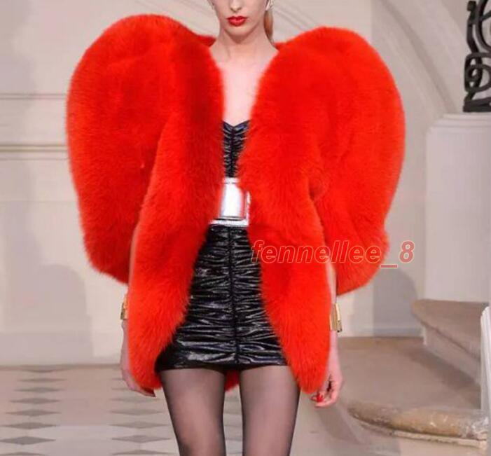 Womens Sweet Red Heart-Shaped Faux Fur Cape Cloak Warm Jacket Coat