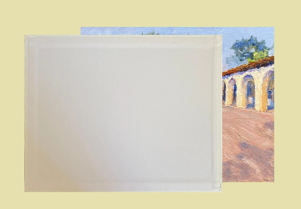 Preciosa pintura al óleo. Escena Junípero Serra San Diego. Bellas artes impresionistas Foto 3 de 4