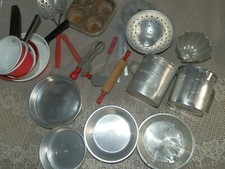 Vintage Aluminum Kids Cooking Baking Pots  Pans Utensils Vintage Wear Large Lot
