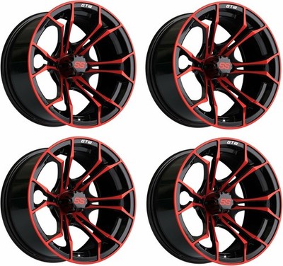 Set of 4 GTW Spyder 14x7 Red/Black Aluminum Golf Cart Wheel | 3:4 Offset | 4x4