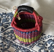 NWT Handmade African Mini Woven Market Basket With Leather