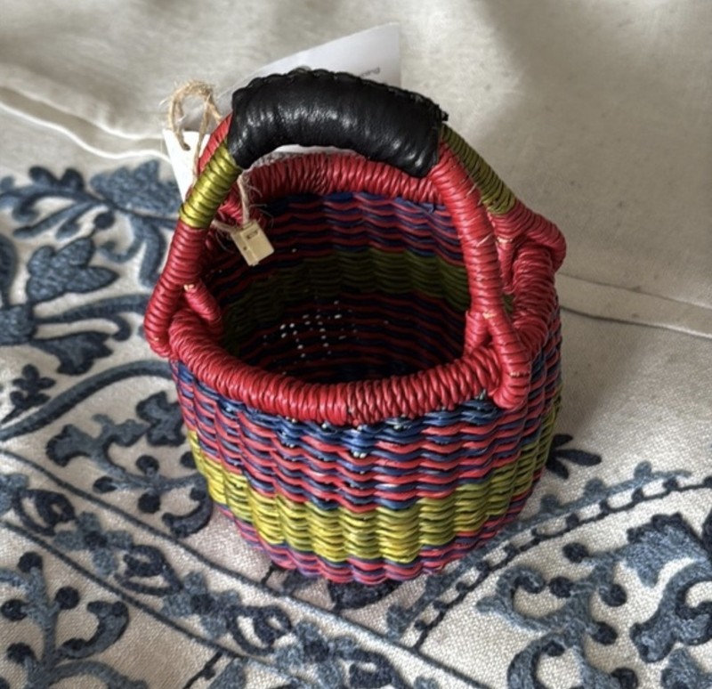 NWT Handmade African Mini Woven Market Basket With Leather 