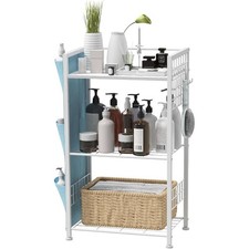3 Tier Bathroom Shelves Storage Oragnizer with Side Storage Bag and Hooks, White