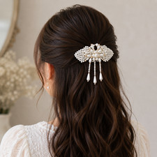 Pearl Beaded Bow Hair Barrette White Faux Pearl Dangle French Clip Bridal Coquet
