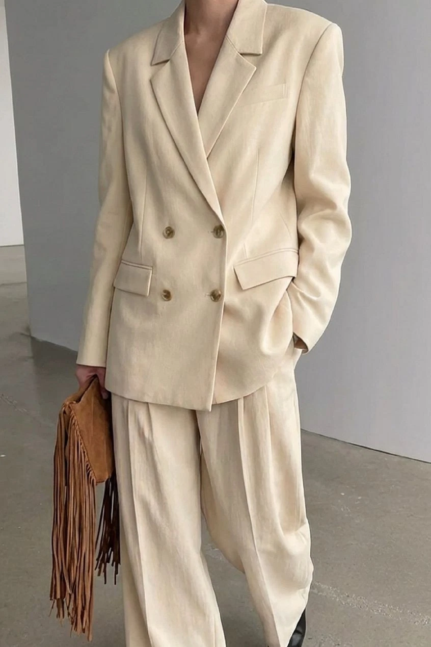NA-KD Double Breasted Oversized Blazer UK 8 EU 36 Beige Slouch Tailored RRP £76