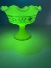 🔥 Vintage Hand Painted Fenton Uranium Glass Blue Satin Custard Ruffled Chalice!