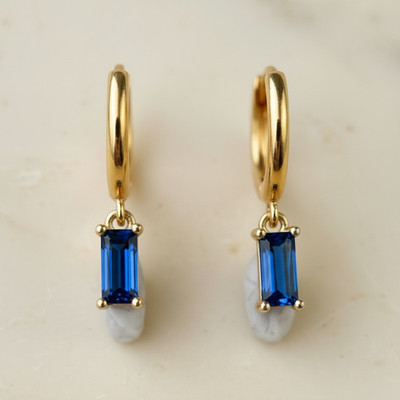 Amethyst Baguette Birthstone Earrings | Dainty Dangle Huggies | Gold Hoops