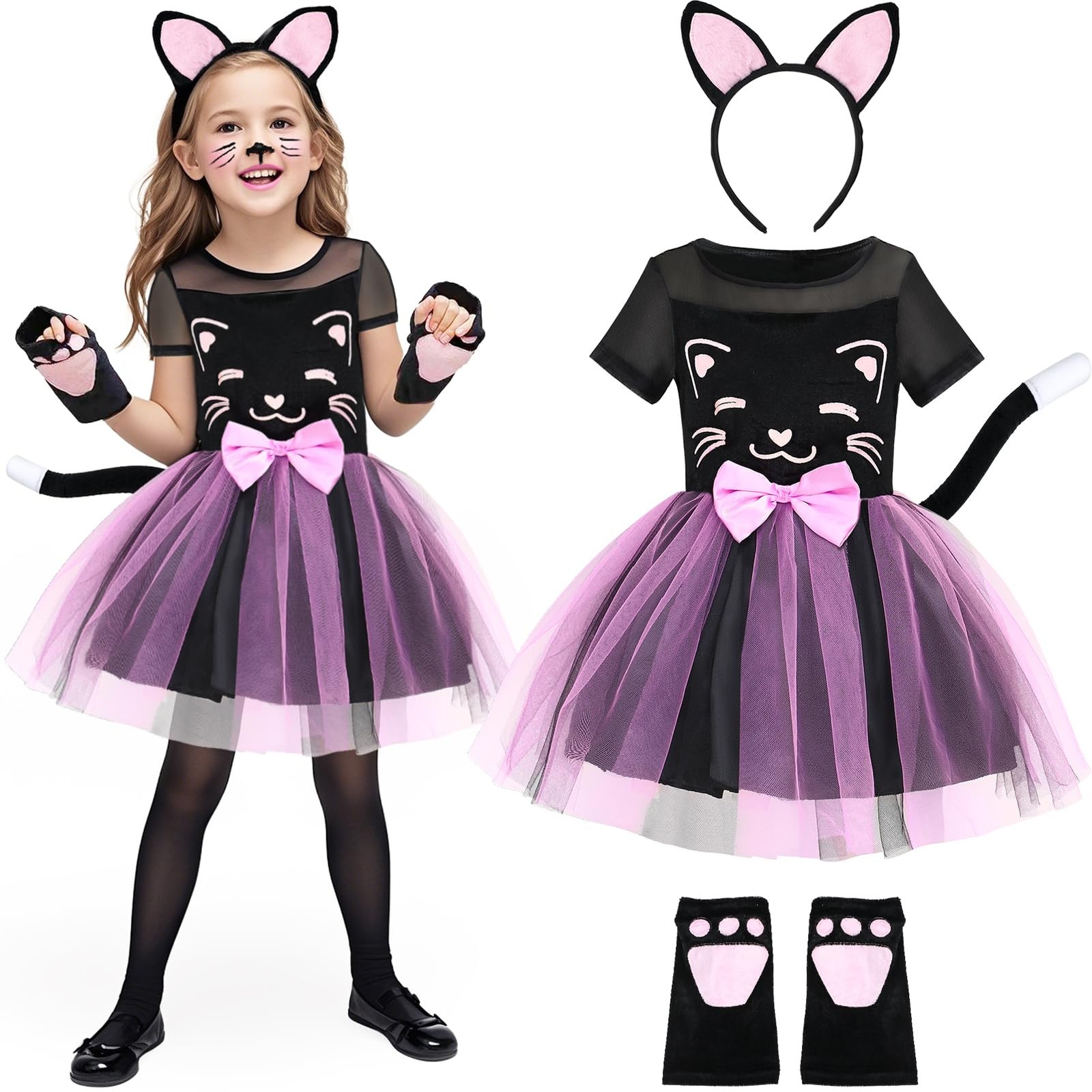 Robe chat fille noir et rose en coton doux idéal comme cadeau d'anniversaire