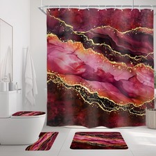 4 PCS Burgundy Gold Marble Shower Curtain Abstract Red Modern