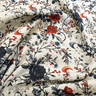 LITTLE JOHNNY Cotton Fabric - Gothic Red Black Roses & Moons Craft Fabric Material Metre