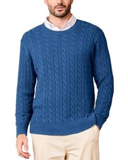 Mens Crew Neck Sweater Pullover Pure Cotton Cable Knit Long 3X-Large Blue