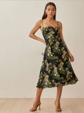 Reformation Rosehip Floral Print Spaghetti Strap Sicilia Midi Dress Black