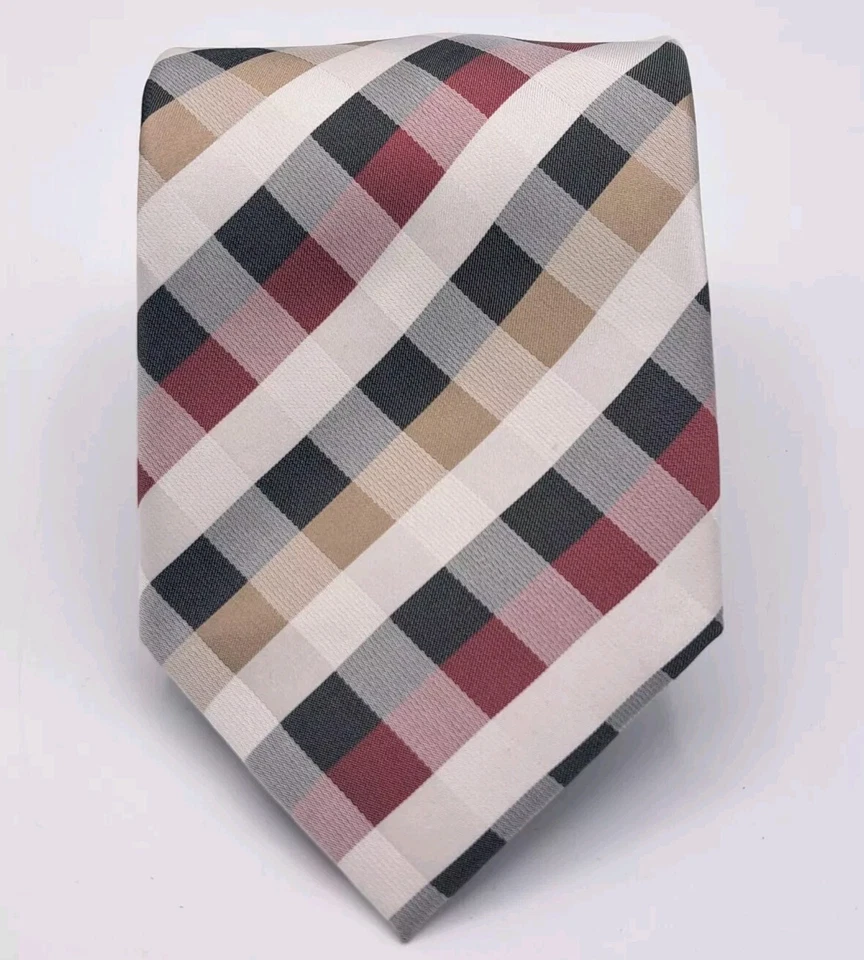 Hermosa corbata a cuadros Paul Malone granate, gris y tostado 100 % seda. Hecho a mano.  Foto 3 de 4