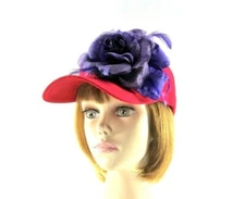 Red Baseball Cap Hat Purple Silk Chiffon Rose Feathers Bow Society Lady