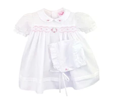 NWT Petit Ami White Pink Smocked 3PC Dress Newborn Baby Girls Bonnet NB 0