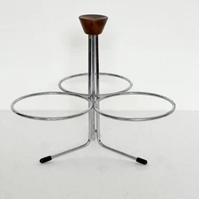 Vintage MCM 3 Cup Stainless Steel Condiment Server w/ Wood Handle Caddy Only