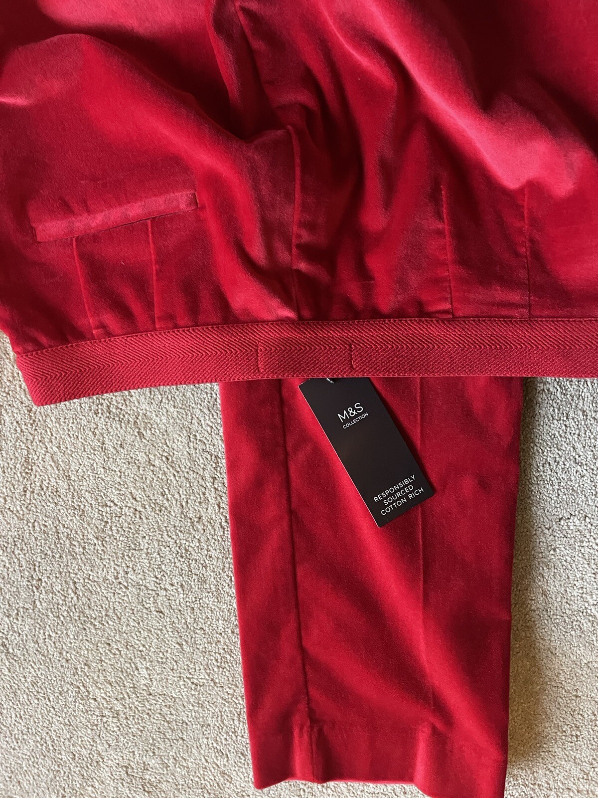 M and S Red Velvet Trouser Suit & No.5 Brooch! 10 New With Tag