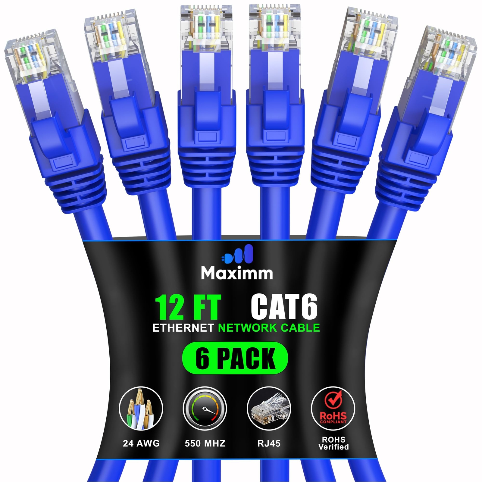 12 ft Cat 6 Ethernet Cable 6-Pack High-Speed LAN Internet Patch Cables-image