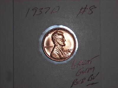 wheat penny 1937D NICE GEM RED BU LINCOLN CENT 1937-D LOT #8 UNC RED LUSTER