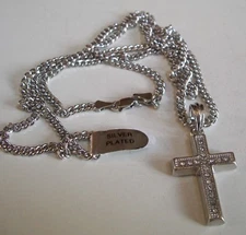 Men's Stone CROSS Silver Finish Religious Fashion Hip Hop Chain Charm