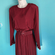 VINTAGE Talbots 80’s Midi Red Houndtooth Check Belted Dress 12 Perfect Condition