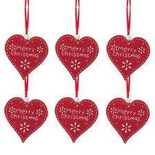 Christmas Tree Decorations Set 6 Wooden Heart Hanging Ornaments