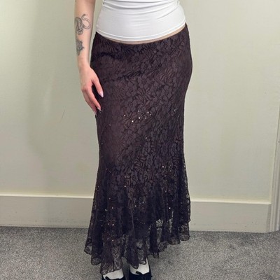 Y2K Vintage Spitzen Maxi Rock Overlay A Linie stretchig Perlen Pailletten verziert