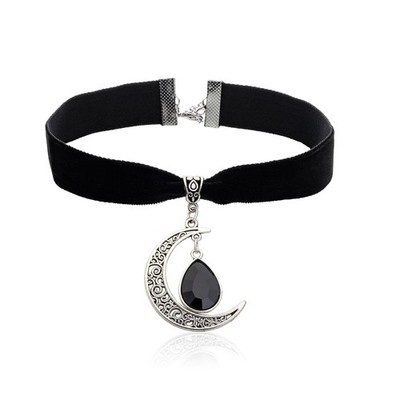 Choker Crescent Moon Charm Witch Necklace 18 mm Black Choker Velvet Black Drop H