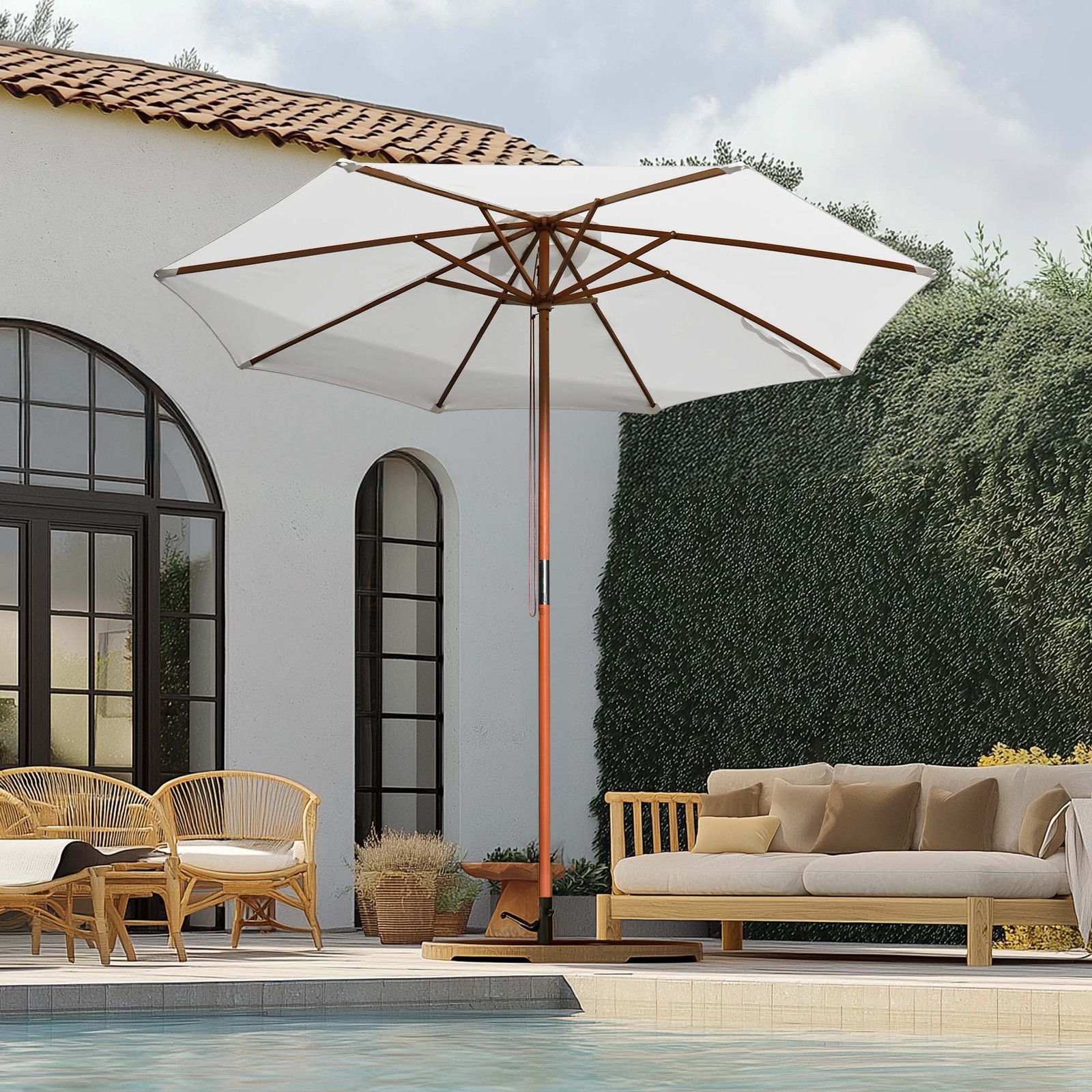 9' Wooden Outdoor Patio Umbrella Pulley Garden Yard Beach Wedding Sunshade White