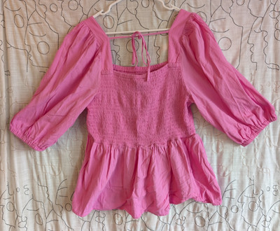 Pink 1X Smocked Peplum Blouse Puff Sleeve Coquette Cottage Peasant Festival Boho