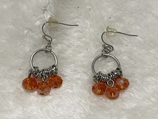 Silver Tone Round 3 Orange Faceted Glass Bead Hoop Dangle Earrings 1"