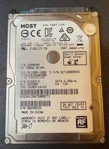 HGST, 1TB, 5K1000-1000, HTS541010A9E680, S/N: D82HRZ2D, SATA HDD
