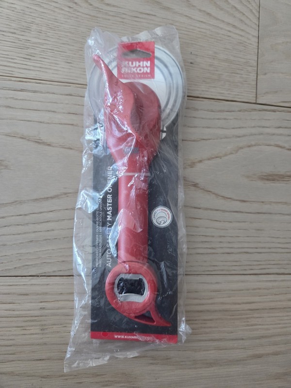 Kuhn Rikon 5-in-1 Auto Safety Master Can Opener For Cans, Bottles, Jars, - Red