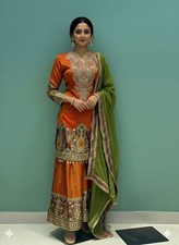Latest Pure Chinon Silk Orange Top Palazzo With Dupatta For Women Festival