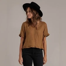 Rylee and Cru Rory V-Neck Ruffle Short Sleeve Gauze Top in Rust Size Small NEW