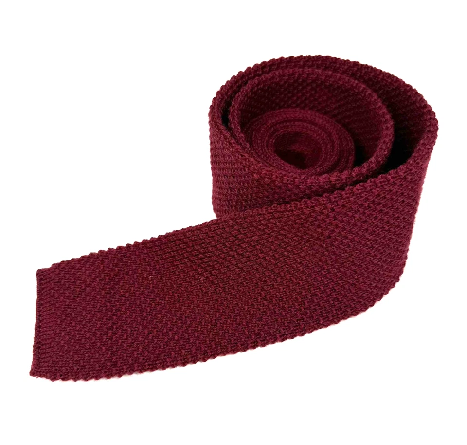 Vintage Knit Tie Virgin Wool Sock Skinny Square Made In USA Burgundy Maroon Red - Image 3 of 4