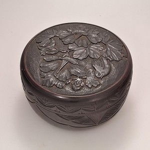 Antique Folk Art Hand Carved Wooden Box Lidded Bird Floral Japan/Asian Round 6"
