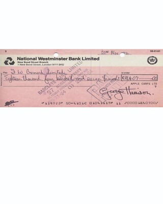 George Harrison Beatles Reprint Check with 8.50