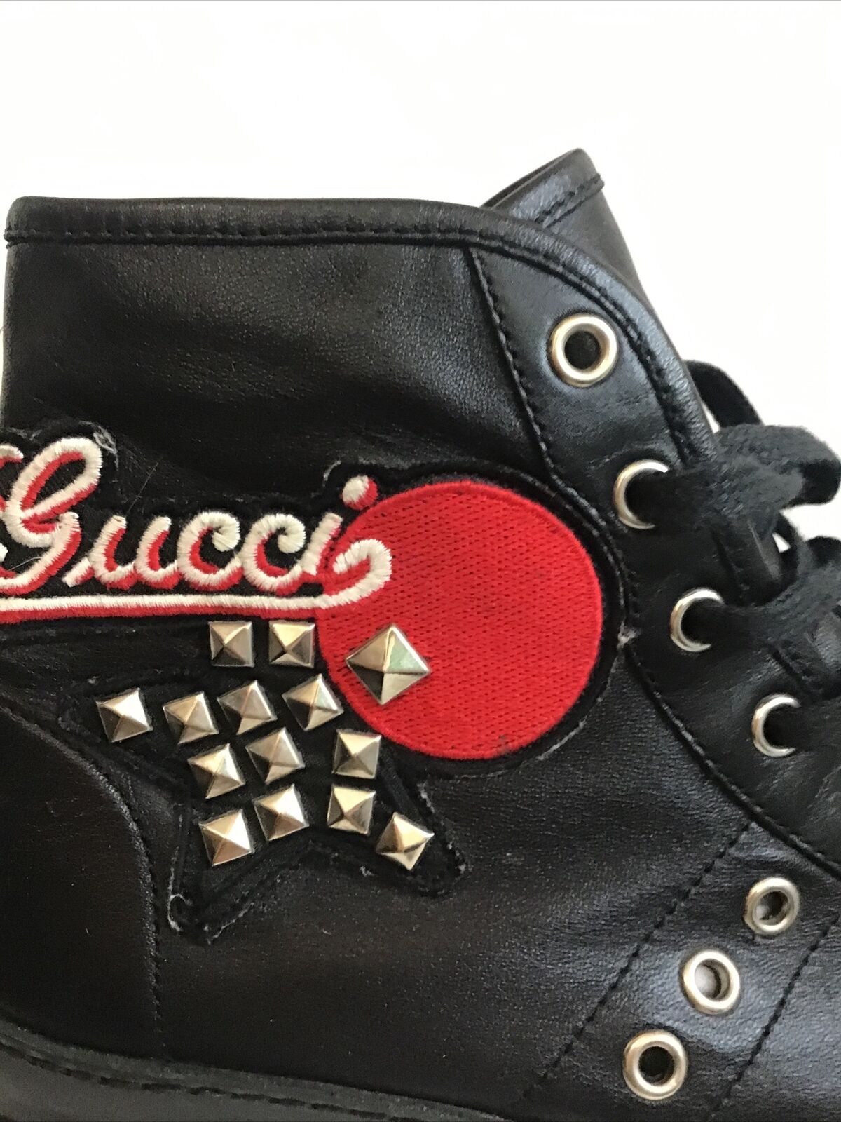 Gucci Sneaker Black Leather Lace Up High Top Stud Embroider Logo Side Size  W10
