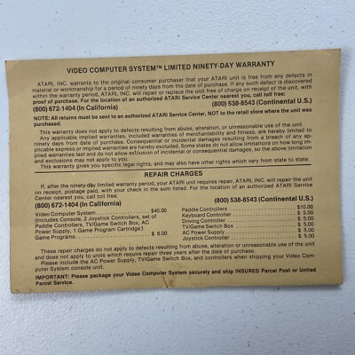 Vintage Atari Video Computer System Game Program Warranty