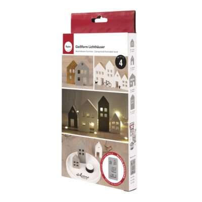 Rayher Silikon Gießform Lichthäuser, 14,5x26x1,7cm, 4 Formen, Box 1Stück