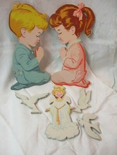 1958 Dolly Toy Co wall mt paper Nursery set Boy Girl PJ's Praying Angel Birds