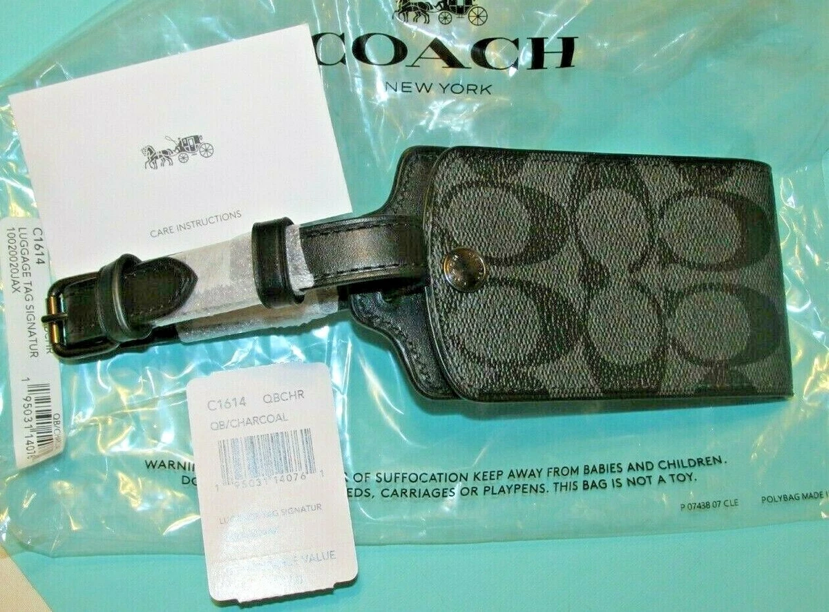 NWT COACH NY Signature C Logo Large LUGGAGE TAG Leather Black & Grey New w tags