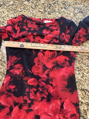 calvin klein black dress with red flowers Calvin Klein black red Floral Bell-Sleeve knee length Sheath Dress size 8