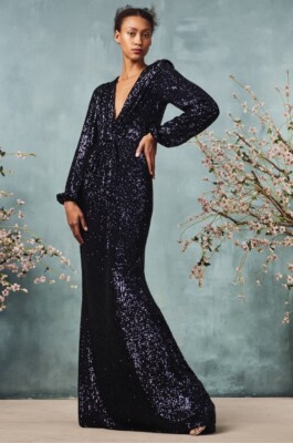monique lhuillier blue sequin dress Monique Lhuillier Micro-Sequined Long-Sleeve Gown, Blue, Women's, 2, Evening Formal Gala Gowns Mother of the Bride Groom Long-Sleeve Gowns