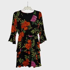 Express Dress Women's XS Black Multi Floral Tiered Layered V Neck Bell Cuff