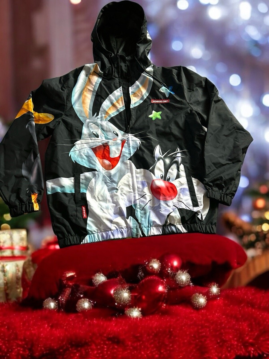 Members Only Looney Tunes Windbreaker w/ Hood Black MEDIUM NWT