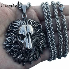 MENDEL Mens Heavy Stainless Steel Large Lion Head 30 Inch Pendant Necklace Chain