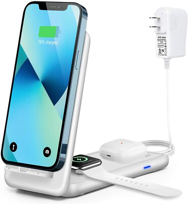 Foldable Wireless Charger, 18W 3 in 1 Fast Wireless Charging Station (White)