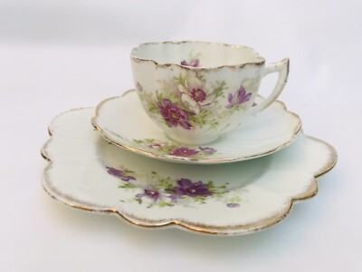 Victorian C 19th Floral Tea Trio Teetasse, Saucer, Plate Unmarked Wileman Foley?